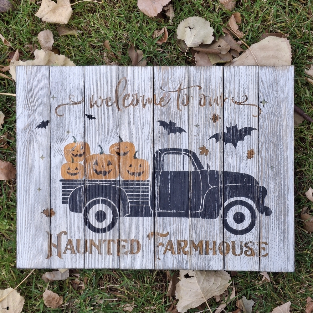 Welcome to Our Haunted Farmhouse Painted Distressed Pallet Wood Halloween Sign